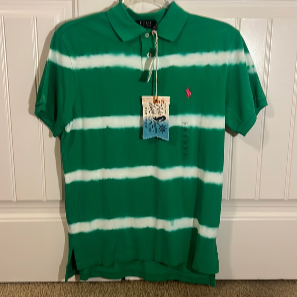 NWT Rare Polo Ralph Lauren Dip Dyes Green & White Stripe Polo Shirt Medium